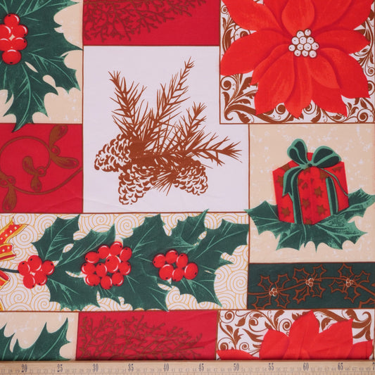 MANTELERIA NAVIDAD VAINILLA CREMA POINSETTIAS, HOJAS, REGALOS Y PINOS