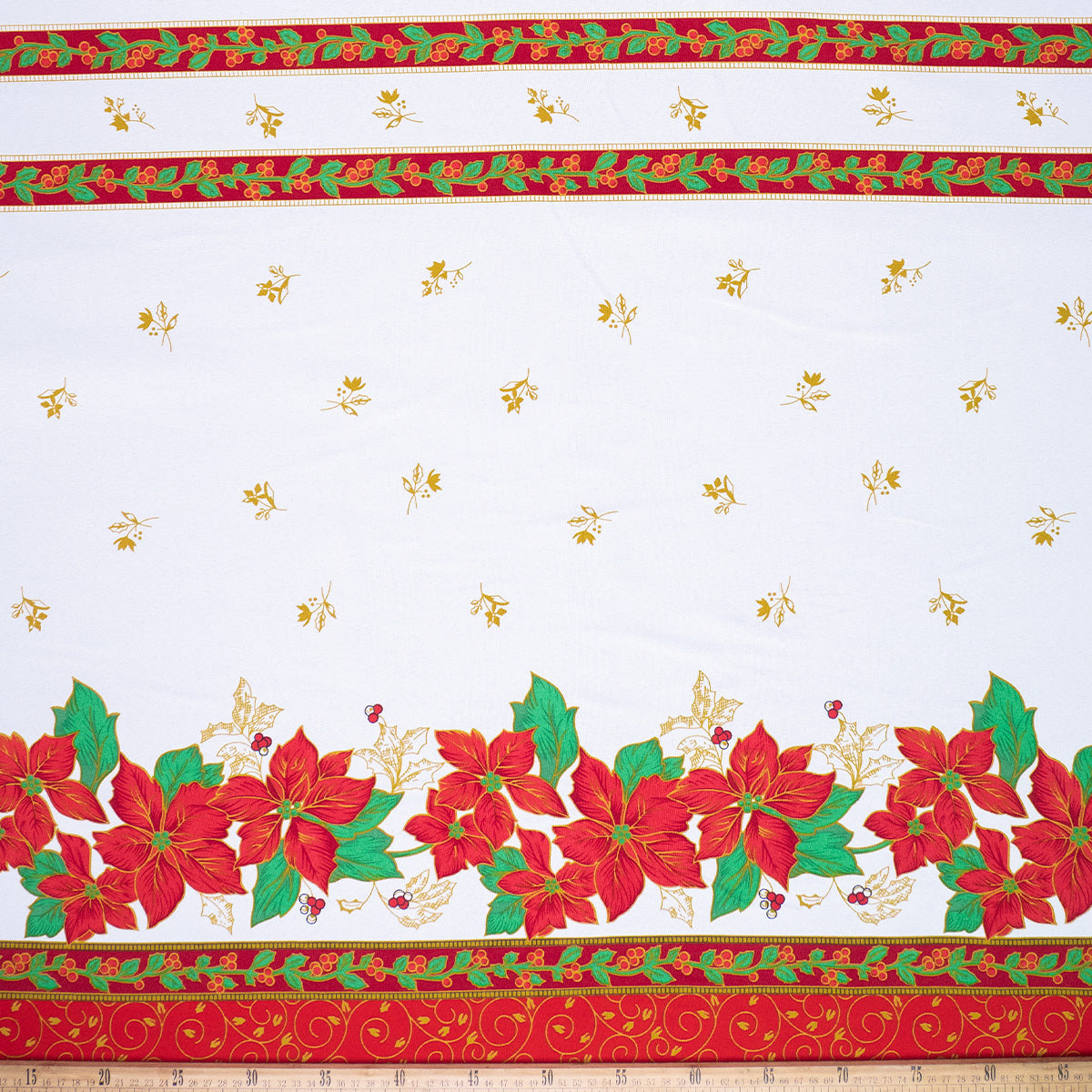 MANTELERIA NAVIDAD BLANCO BRILLANTE CON GUARDA DE POINSETTIAS