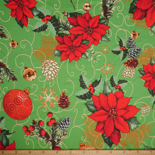 MANTELERIA NAVIDAD VERDE LIMA ESFERAS, POINSETTIAS Y PINOS