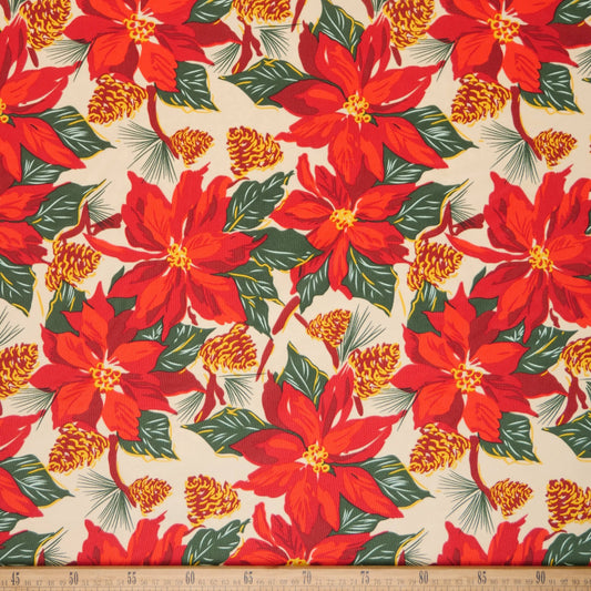 MANTELERIA NAVIDAD VAINILLA CREMA  POINSETTIA Y PINOS