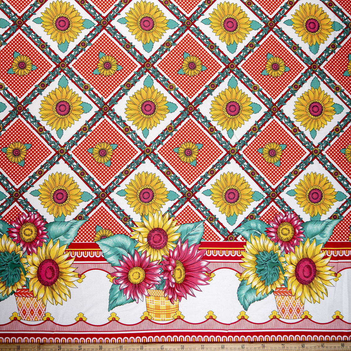 MANTELERIA ESTAMPADA ROJO MARTE CUADROS Y GIRASOLES