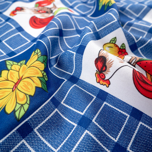 MANTELERIA ESTAMPADA AZUL SURF GALLINAS Y GIRASOLES