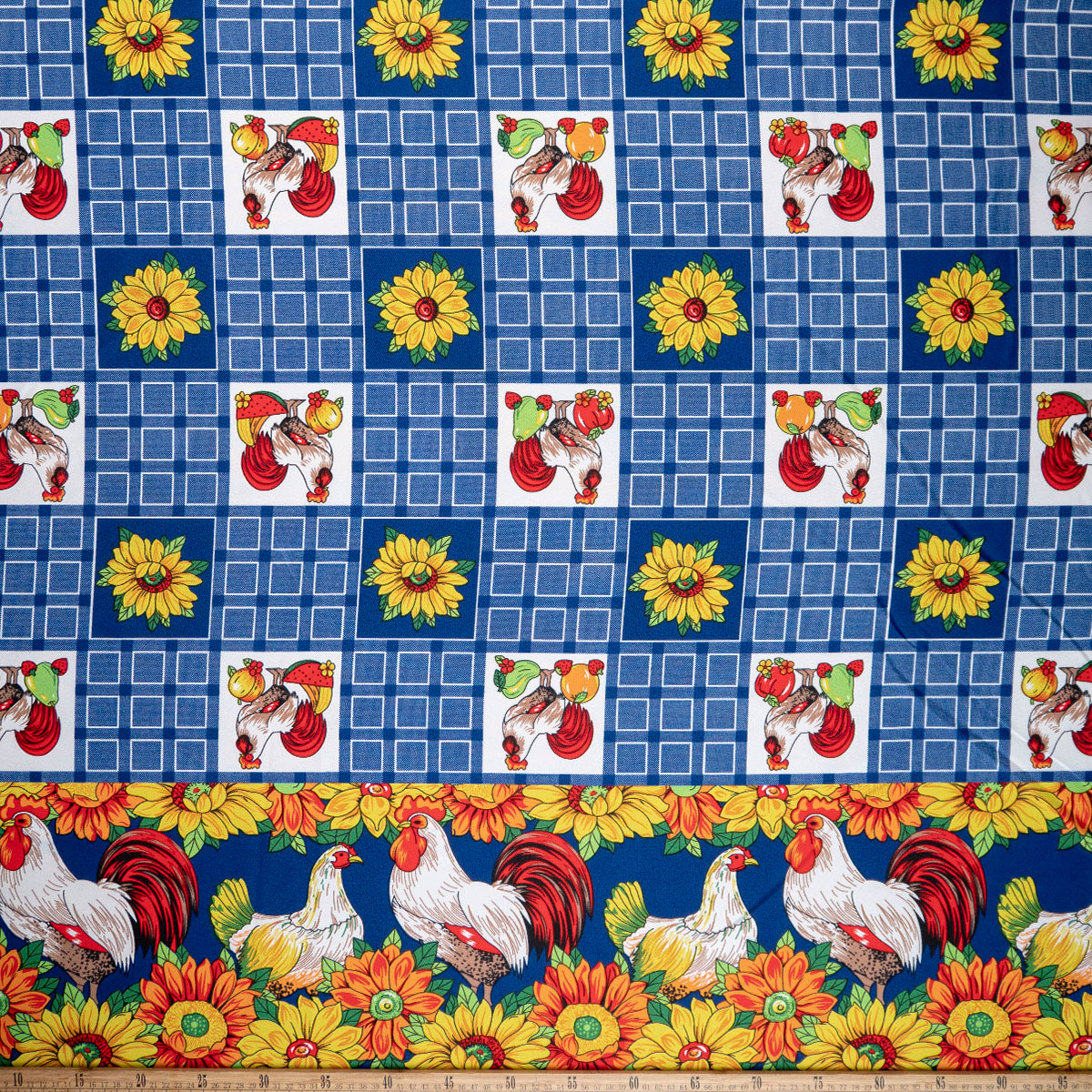 MANTELERIA ESTAMPADA AZUL SURF GALLINAS Y GIRASOLES