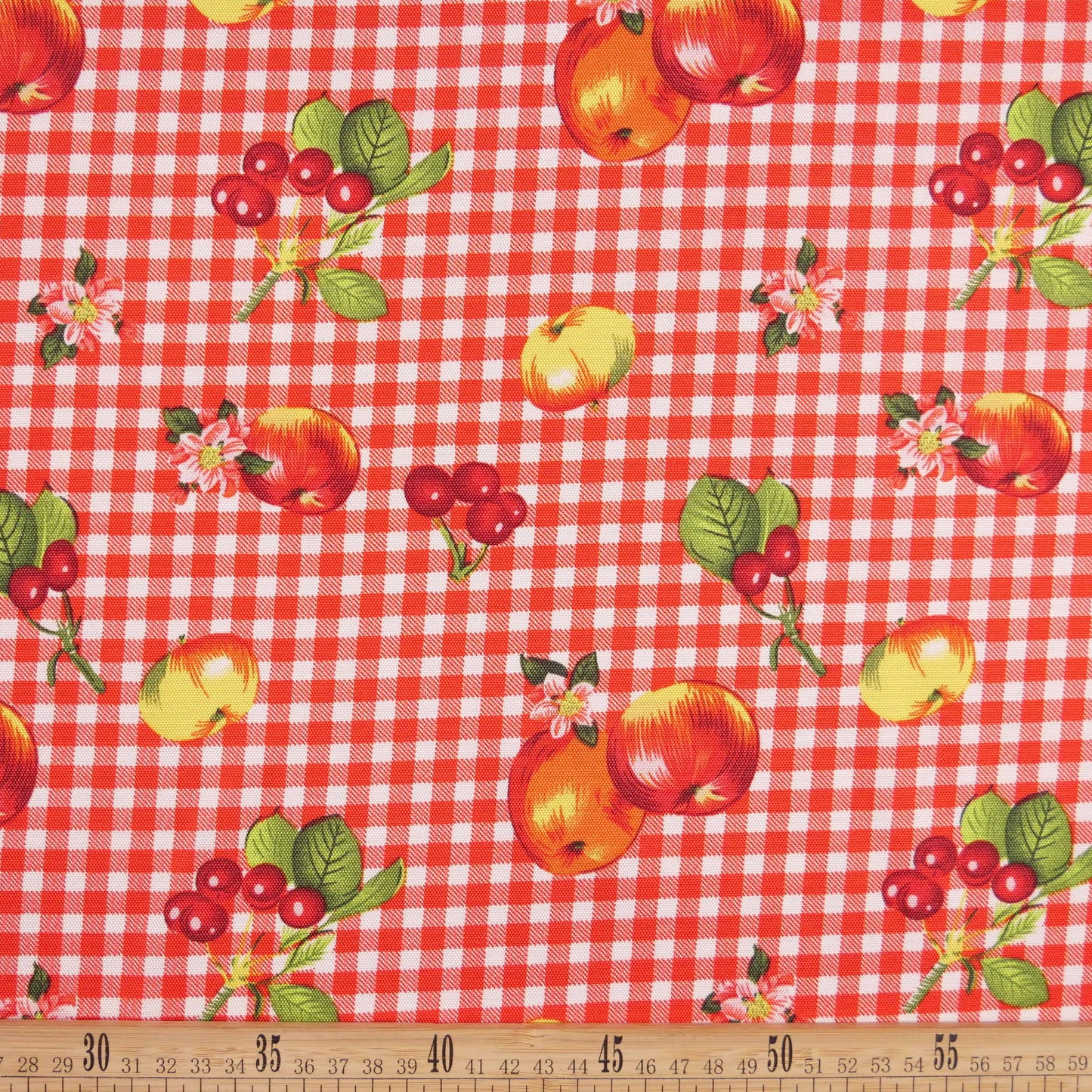 MANTELERIA ESTAMPADA ROJO CARMESI CUADRILLÉ CON FRUTAS