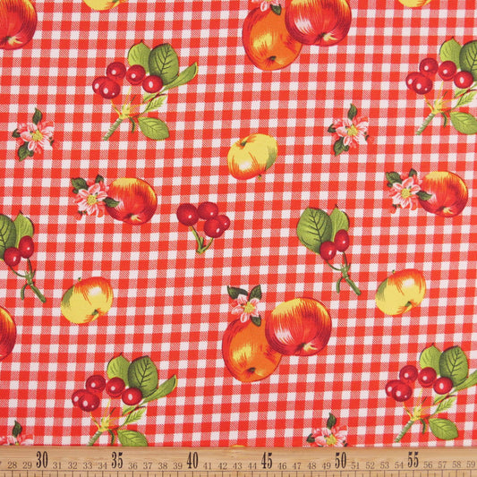 MANTELERIA ESTAMPADA ROJO CARMESI CUADRILLÉ CON FRUTAS