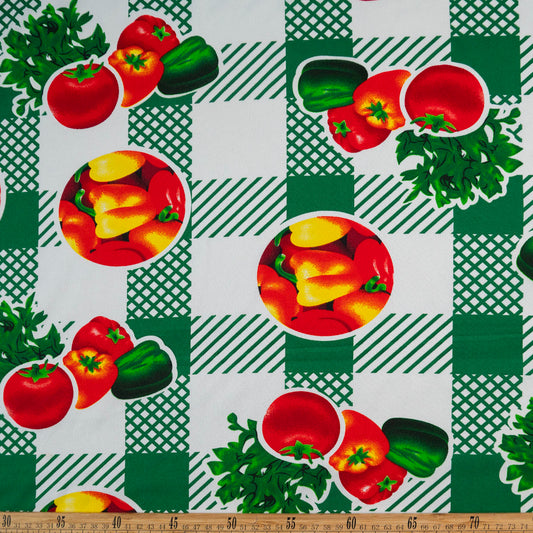 MANTELERIA ESTAMPADA VERDE FRIJOL CUADROS Y FRUTAS