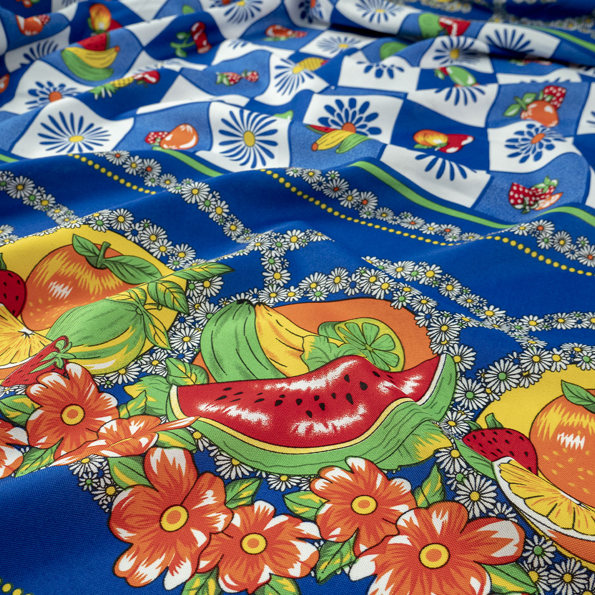 MANTELERIA ESTAMPADA AZUL SURF FRUTAS Y FLORES