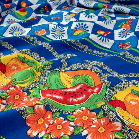 MANTELERIA ESTAMPADA AZUL SURF FRUTAS Y FLORES