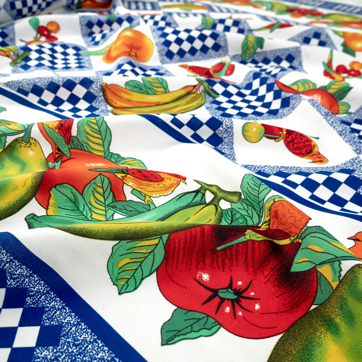 MANTELERIA ESTAMPADA AZUL SURF CUADROS Y FRUTAS
