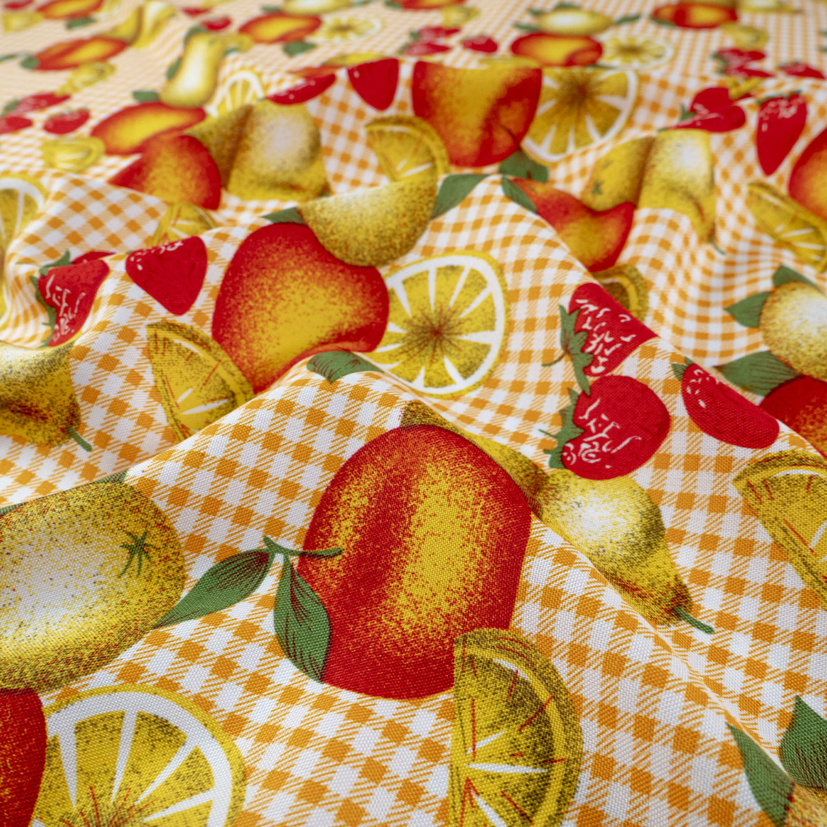 MANTELERIA ESTAMPADA NARANJA AMBAR CON FRUTAS