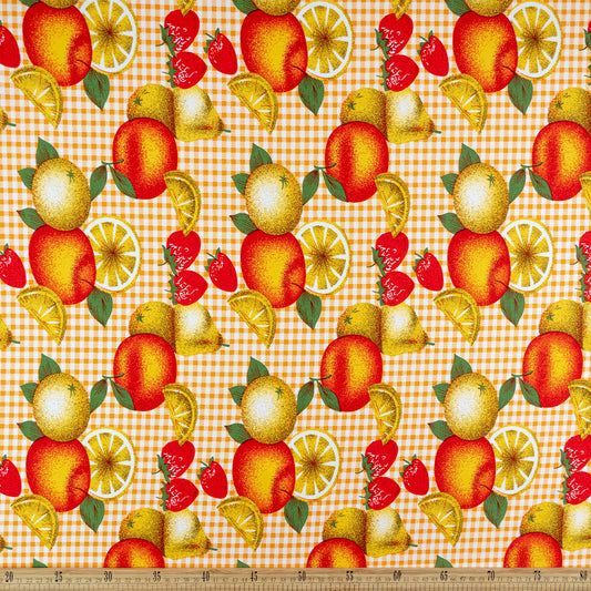 MANTELERIA ESTAMPADA NARANJA AMBAR CON FRUTAS