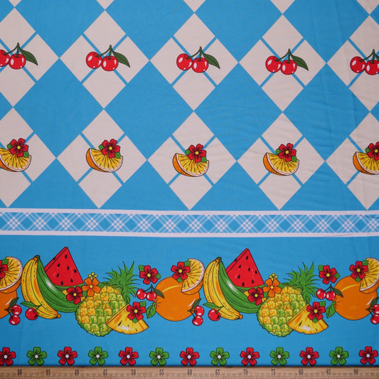 MANTELERIA ESTAMPADA TURQUESA CYAN CON FRUTAS