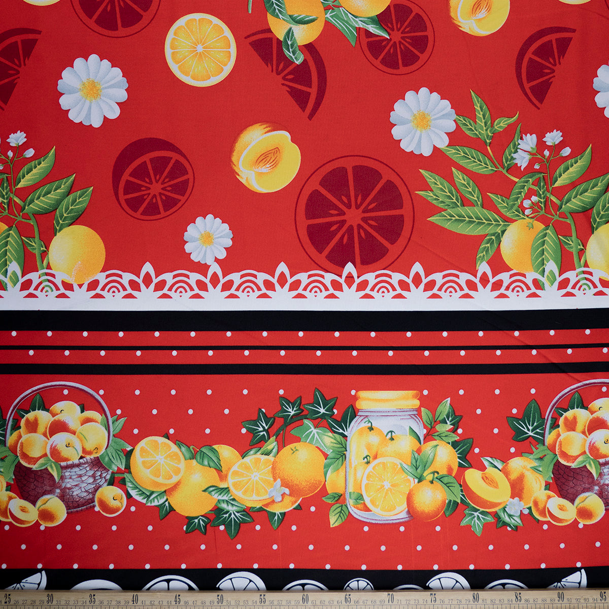 MANTELERIA ESTAMPADA ROJO CARMESI CON NARANJAS