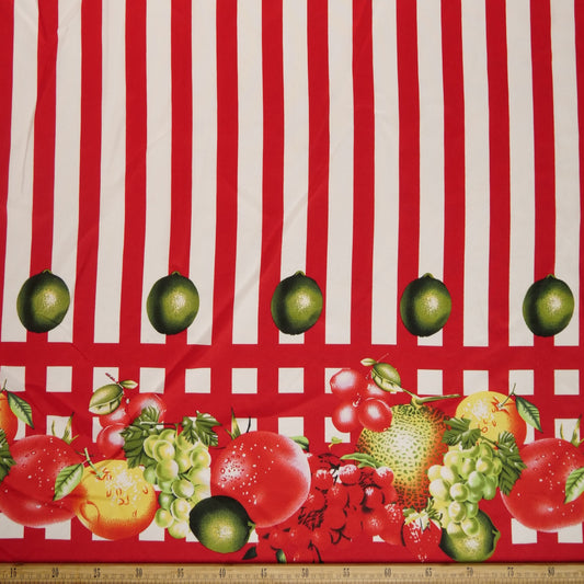 MANTELERIA ESTAMPADA ROJO MARTE RAYAS Y FRUTAS