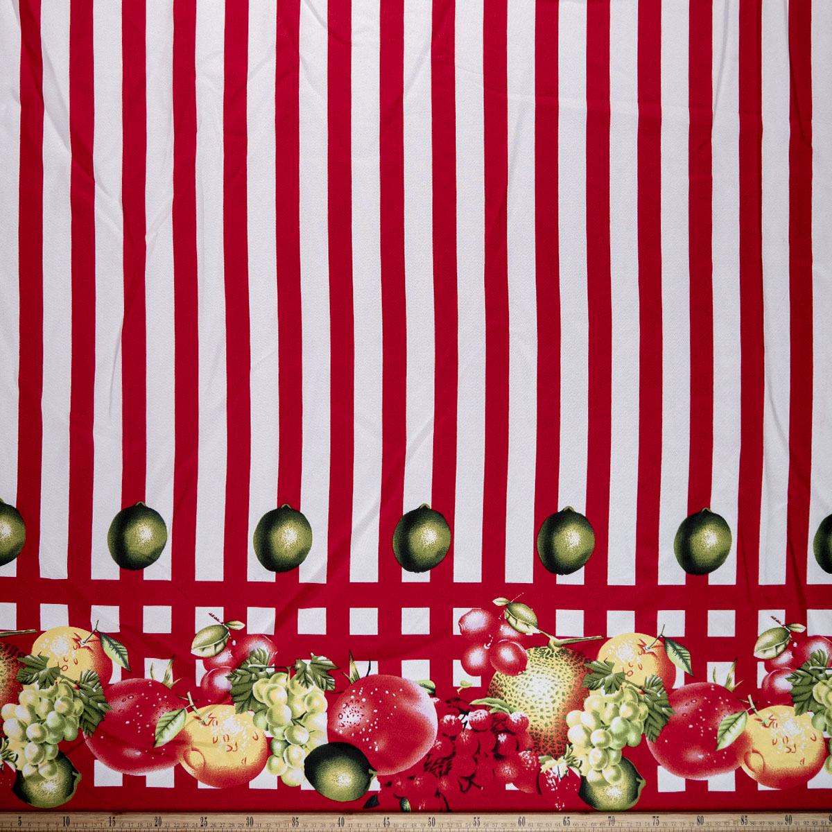 MANTELERIA ESTAMPADA ROJO MARTE RAYAS Y FRUTAS