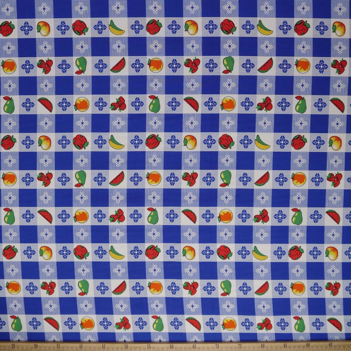 MANTELERIA ESTAMPADA AZUL OLIMPIA CUADRITOS Y FRUTAS