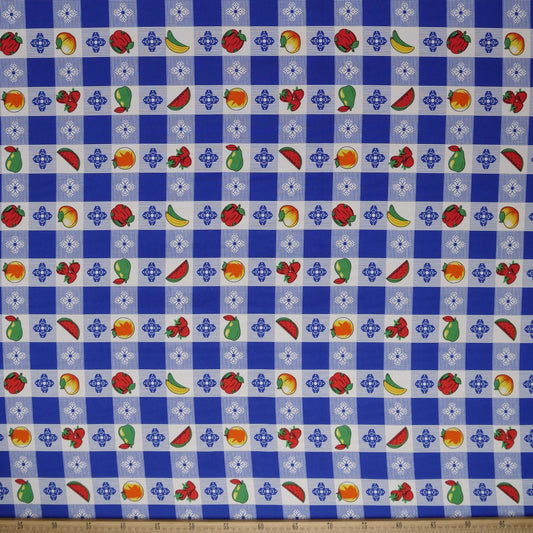 MANTELERIA ESTAMPADA AZUL OLIMPIA CUADRITOS Y FRUTAS