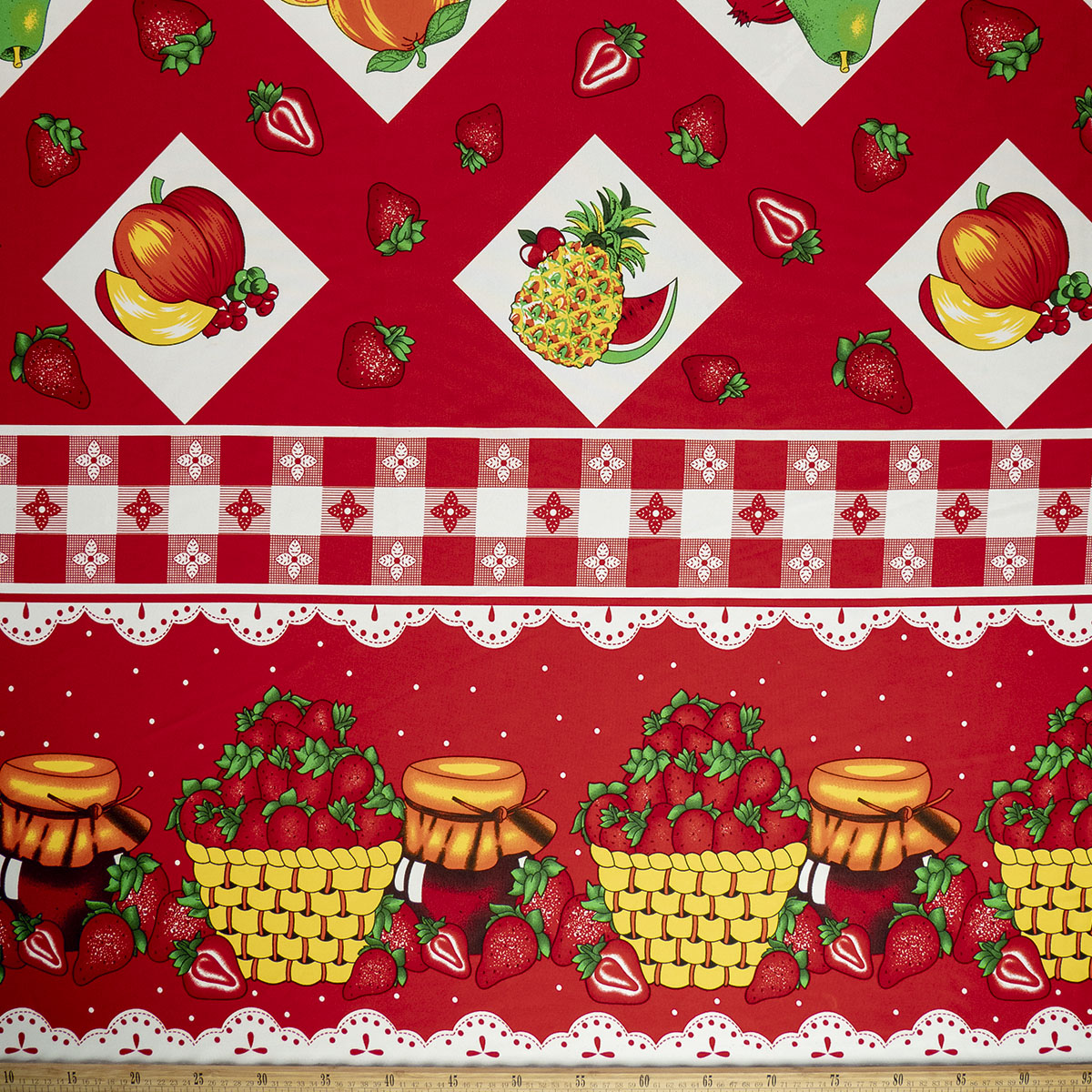 MANTELERIA ESTAMPADA ROJO MARTE CON FRUTAS