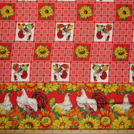 MANTELERIA ESTAMPADA ROJO MARTE GALLO EN GIRASOLES