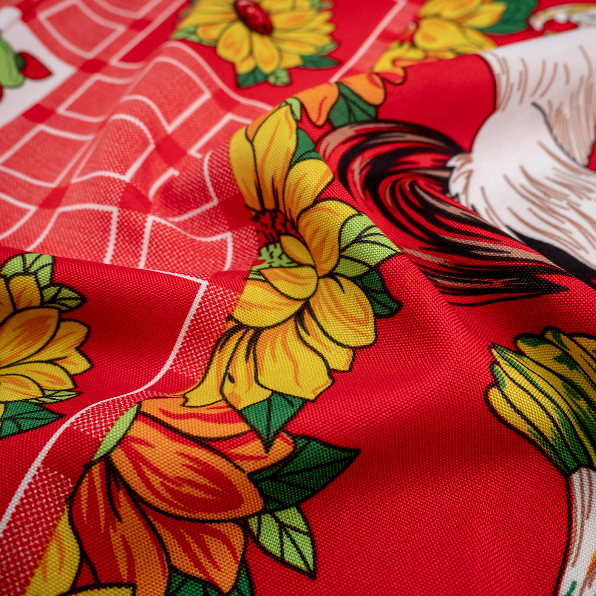 MANTELERIA ESTAMPADA ROJO MARTE GALLO EN GIRASOLES
