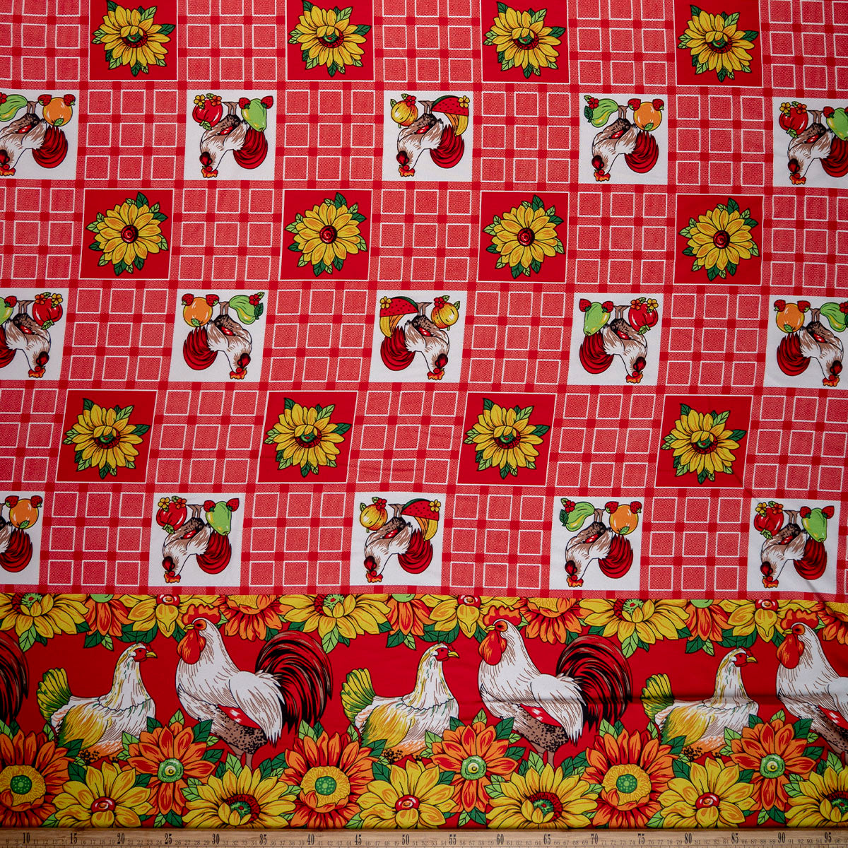 MANTELERIA ESTAMPADA ROJO MARTE GALLO EN GIRASOLES