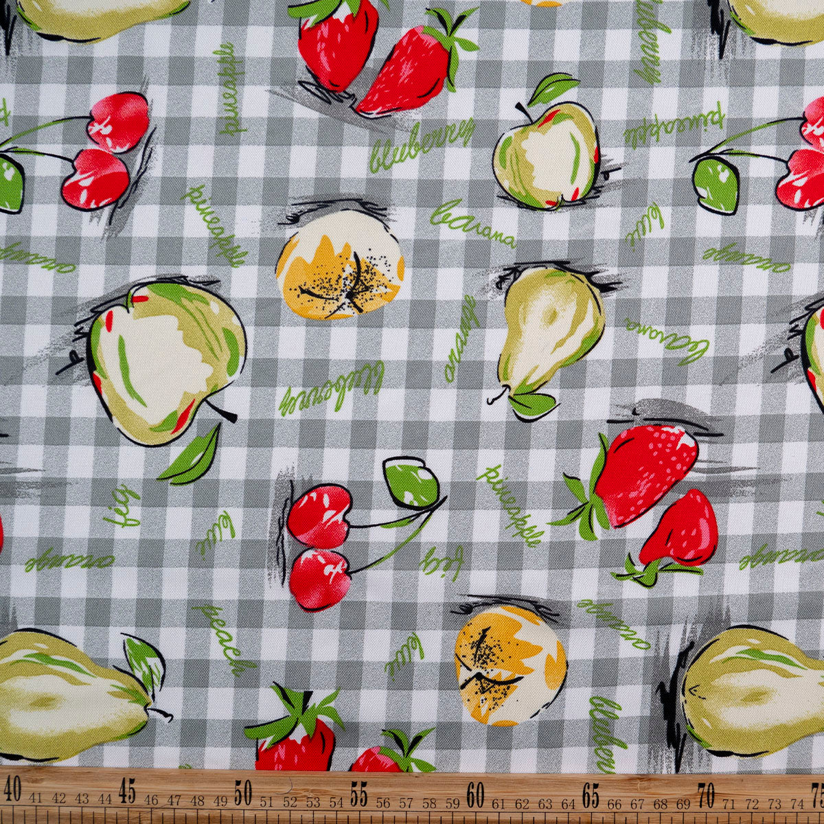 MANTELERIA ESTAMPADA GRIS PELTRE CUADRILLE Y FRUTAS