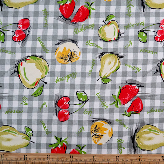 MANTELERIA ESTAMPADA GRIS PELTRE CUADRILLE Y FRUTAS
