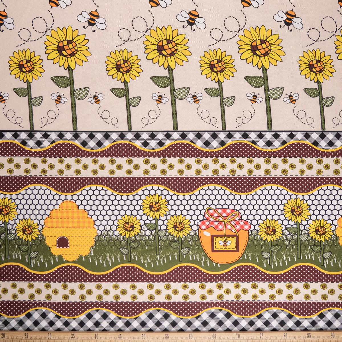 MANTELERIA ESTAMPADO BEIGE LANA GIRASOLES, ABEJAS, PANAL Y MIEL