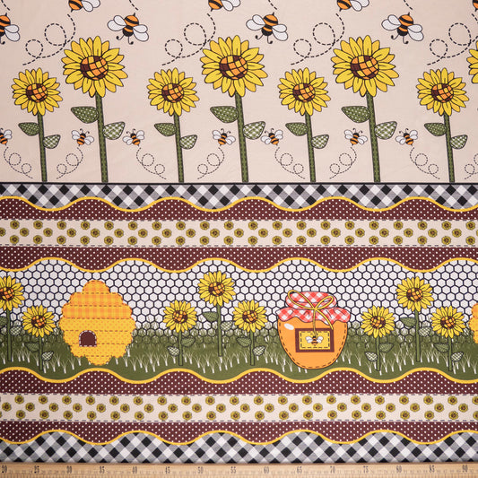 MANTELERIA ESTAMPADO BEIGE LANA GIRASOLES, ABEJAS, PANAL Y MIEL