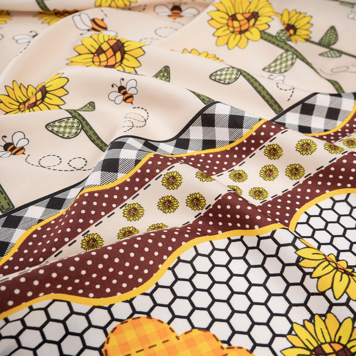 MANTELERIA ESTAMPADO BEIGE LANA GIRASOLES, ABEJAS, PANAL Y MIEL