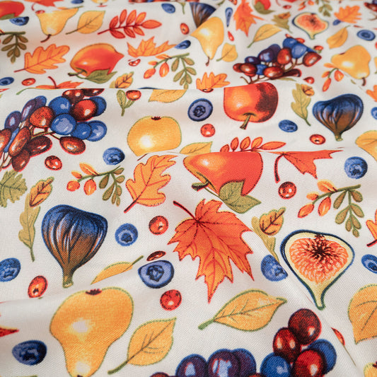 MANTELERIA ESTAMPADA BLANCO PAPIRO HOJAS Y FRUTAS