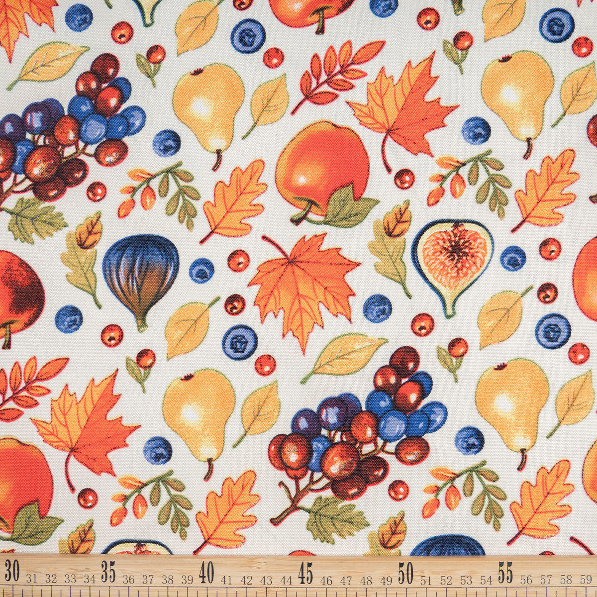 MANTELERIA ESTAMPADA BLANCO PAPIRO HOJAS Y FRUTAS