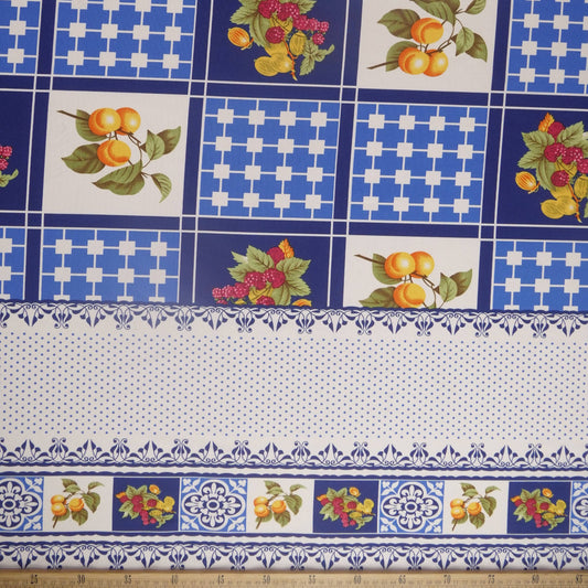 MANTELERIA ESTAMPADA AZUL PRINTCUADROS Y FRUTAS