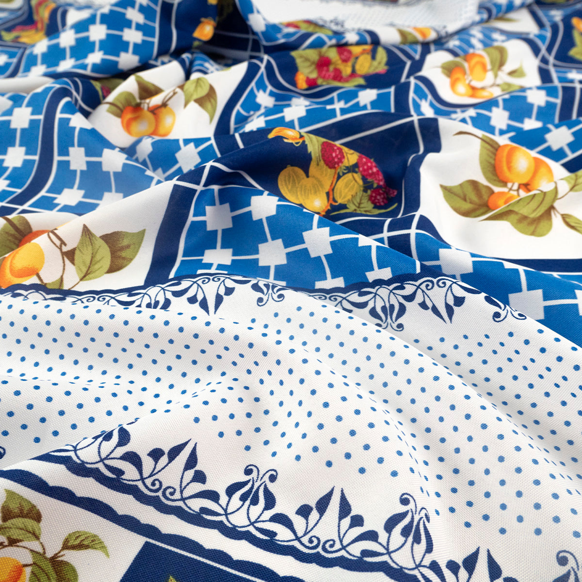 MANTELERIA ESTAMPADA AZUL PRINTCUADROS Y FRUTAS