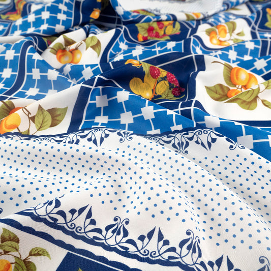 MANTELERIA ESTAMPADA AZUL PRINTCUADROS Y FRUTAS