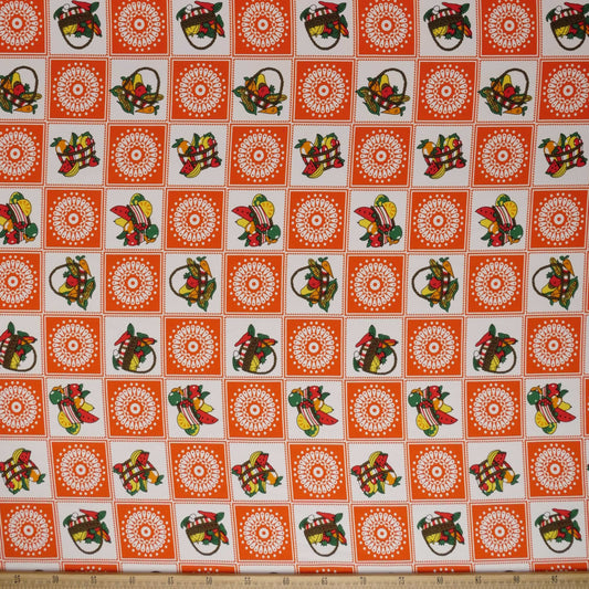 MANTELERIA ESTAMPADA NARANJA CUADRITOS CON FRUTAS