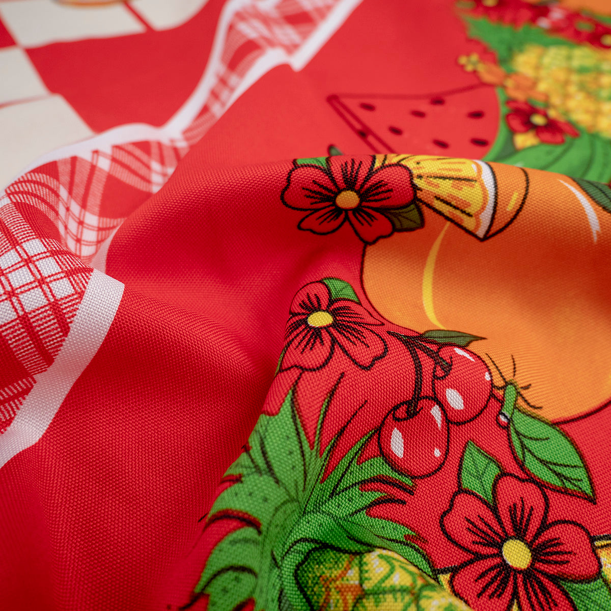 MANTELERIA ESTAMPADA ROJO MARTE CON CUADROS Y FRUTAS