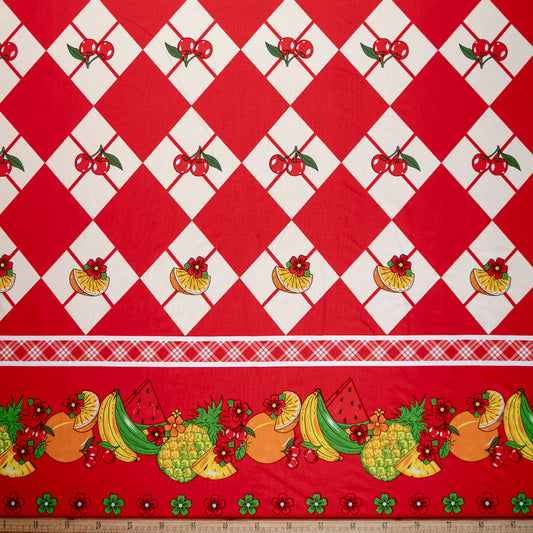 MANTELERIA ESTAMPADA ROJO MARTE CON CUADROS Y FRUTAS