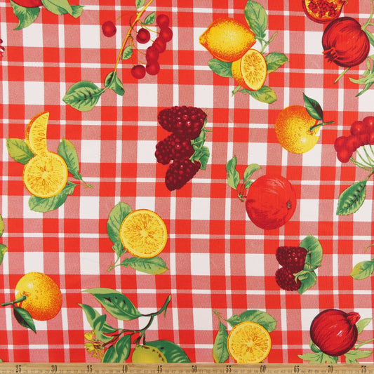 MANTELERIA ESTAMPADA ROJO CARMESI CUADRILLE CON FRUTAS