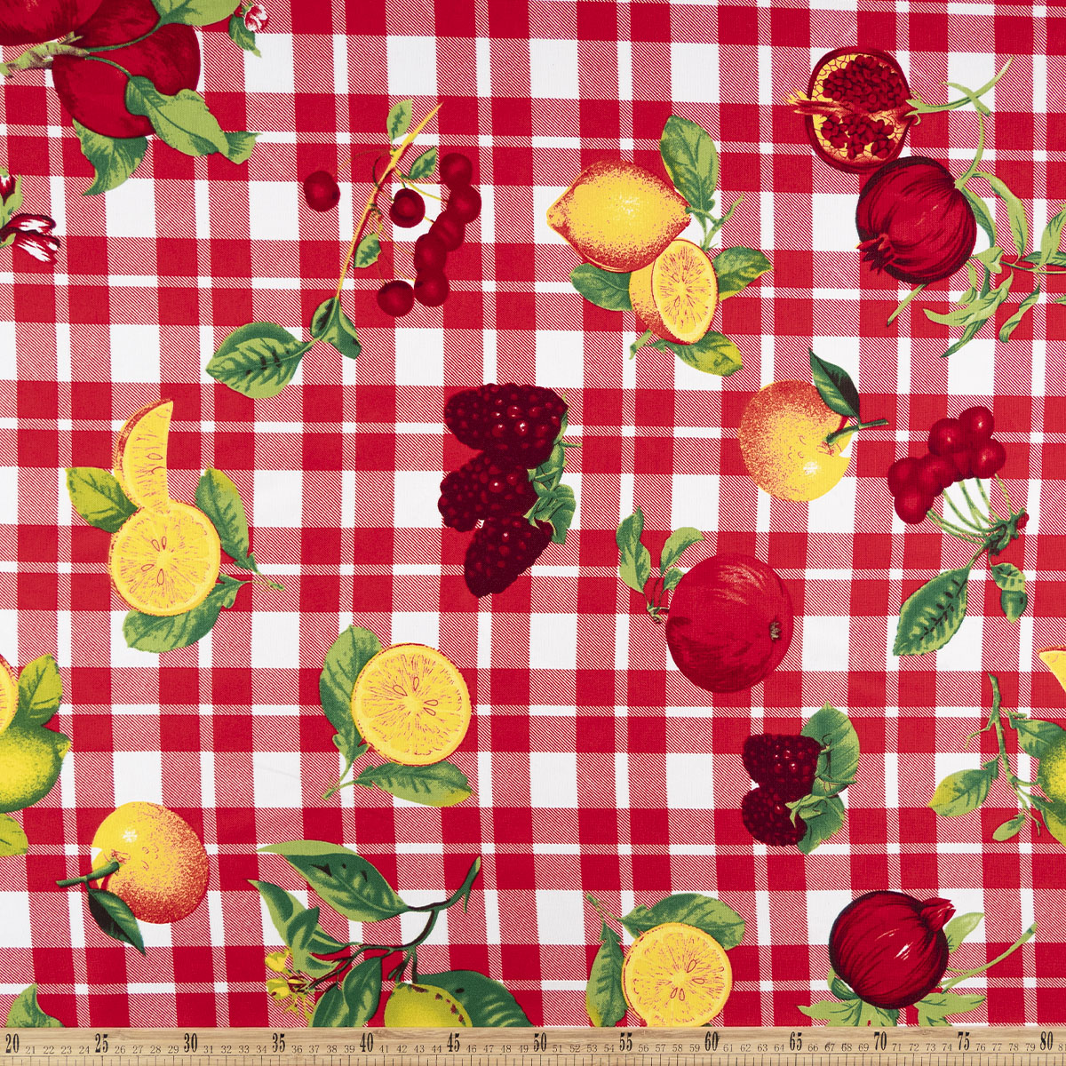 MANTELERIA ESTAMPADA ROJO CARMESI CUADRILLE CON FRUTAS