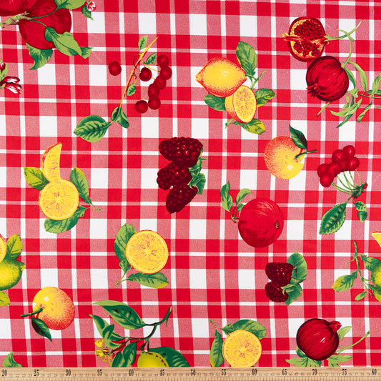 MANTELERIA ESTAMPADA ROJO CARMESI CUADRILLE CON FRUTAS