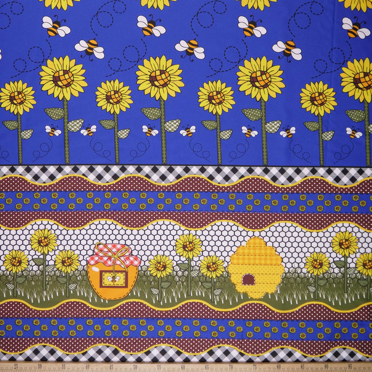 MANTELERIA ESTAMPADO AZUL OLIMPIA GIRASOLES, ABEJAS, PANAL Y MIEL