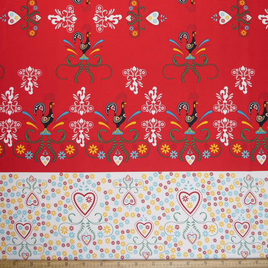 MANTELERIA ESTAMPADA ROJO MARTE CON GUARDAS Y FLORECITAS