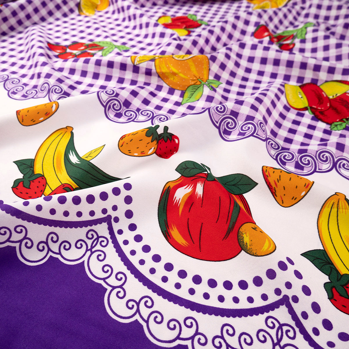 MANTELERIA ESTAMPADA VIOLETA AFRICA CUADRILLÉ CON FRUTAS