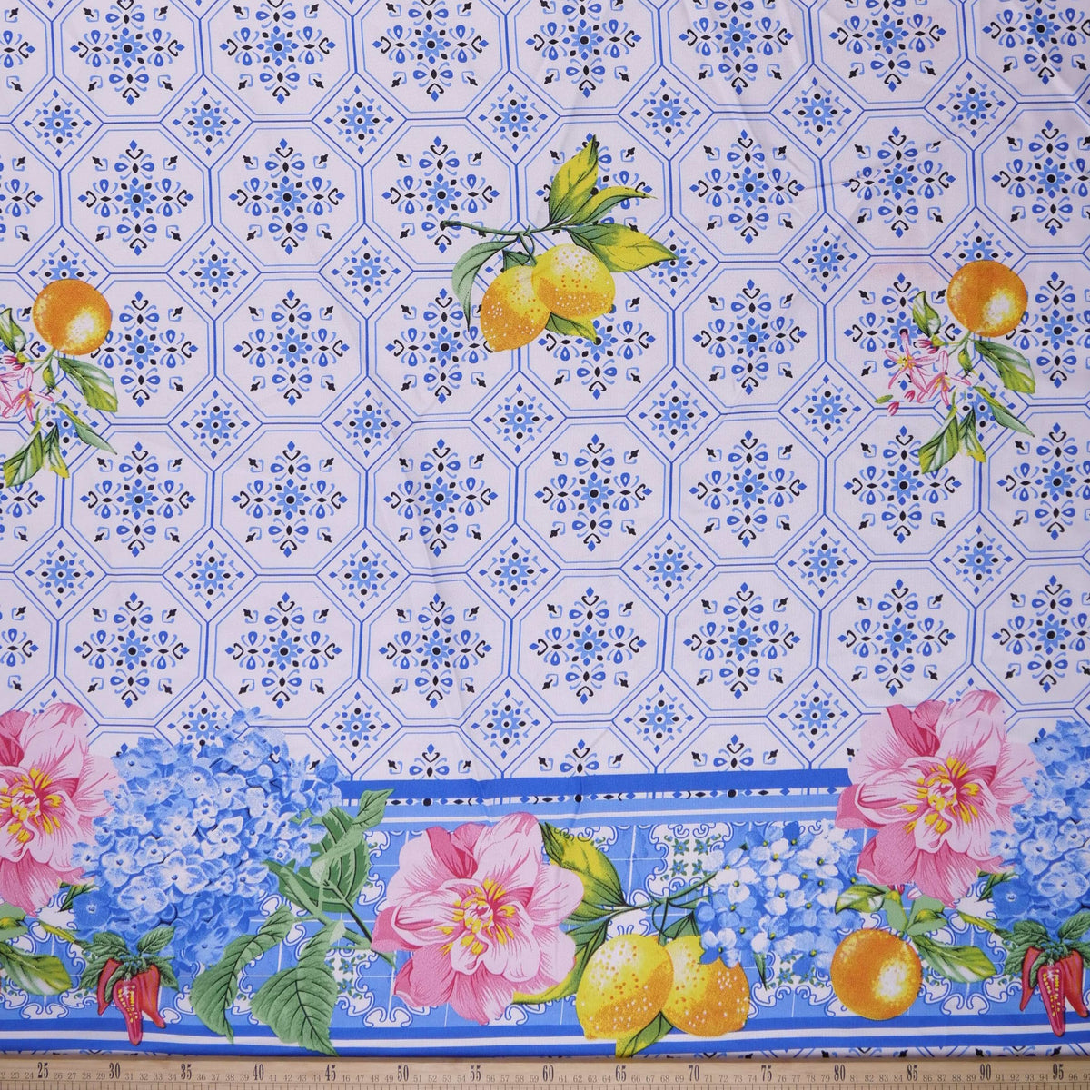 MANTELERIA ESTAMPADO AZUL OLIMPIA PATRON MEDITERRANEO CON AZULEJOS