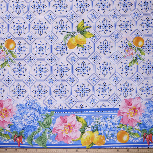 MANTELERIA ESTAMPADO AZUL OLIMPIA PATRON MEDITERRANEO CON AZULEJOS