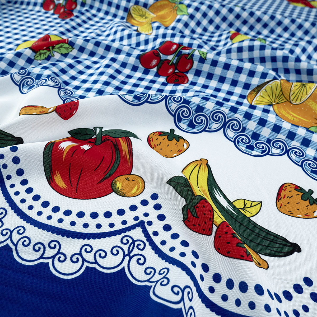 MANTELERIA ESTAMPADA AZUL SURF CUADRILLE CON FRUTAS