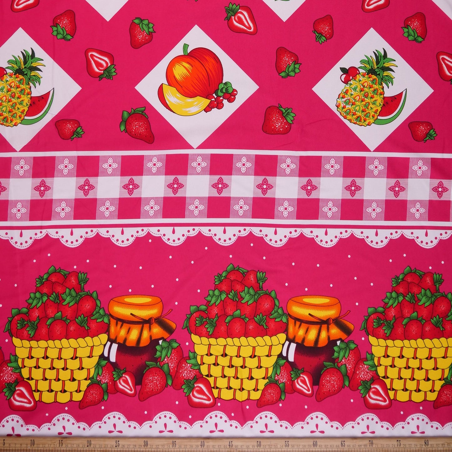 MANTELERIA ESTAMPADA FUCSIA REMOLACHA CANASTA DE FRUTAS