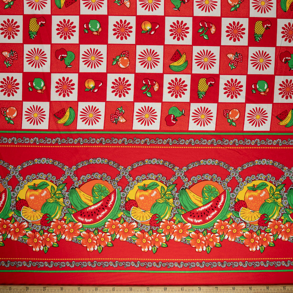 MANTELERIA ESTAMPADA ROJO MARTE CUADRITOS Y FRUTAS