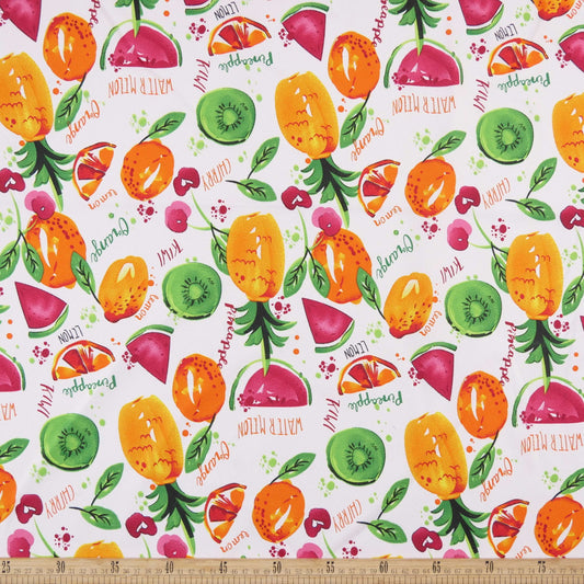 MANTELERIA ESTAMPADO BLANCO BRILLANTE FRUTAS TROPICALES